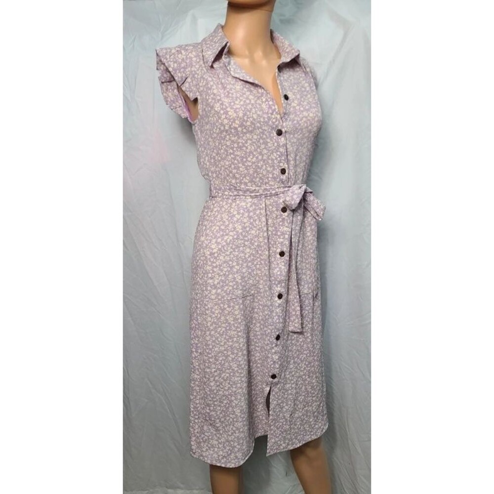 NWT Monteau LA Small Lilac Floral Short Sleeve Midi Shirt Dress Pockets elastic